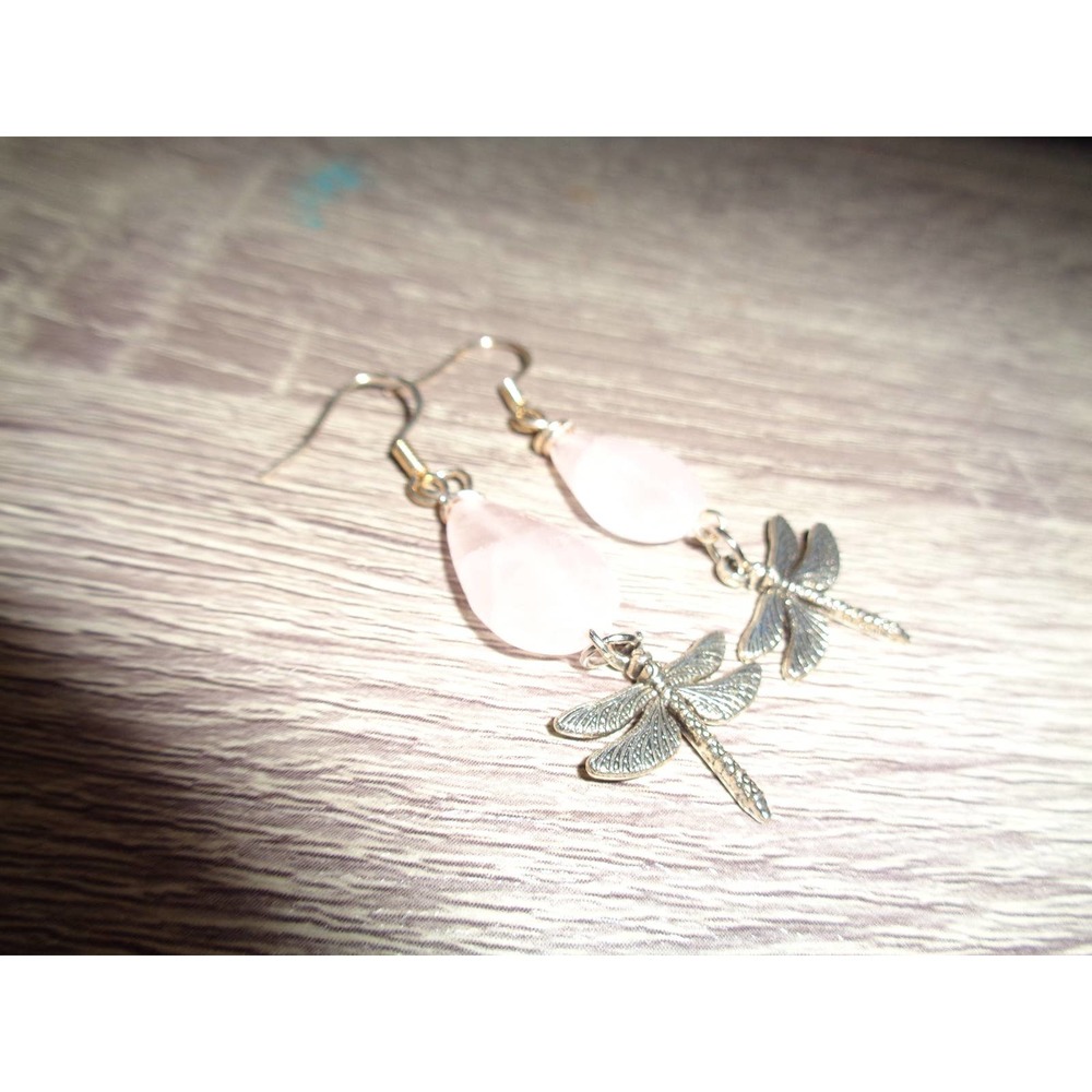 Dragonfly Rose Quartz Teardrop earrings - Picture 3 of 4